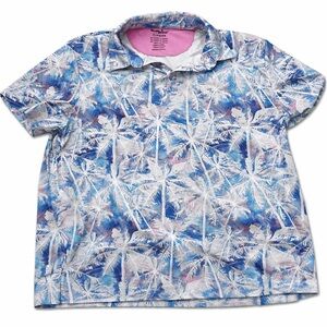 Birdie Bound Men’s Polo Shirt XL Tall Blue White Palm Tree Print Stretch Golf